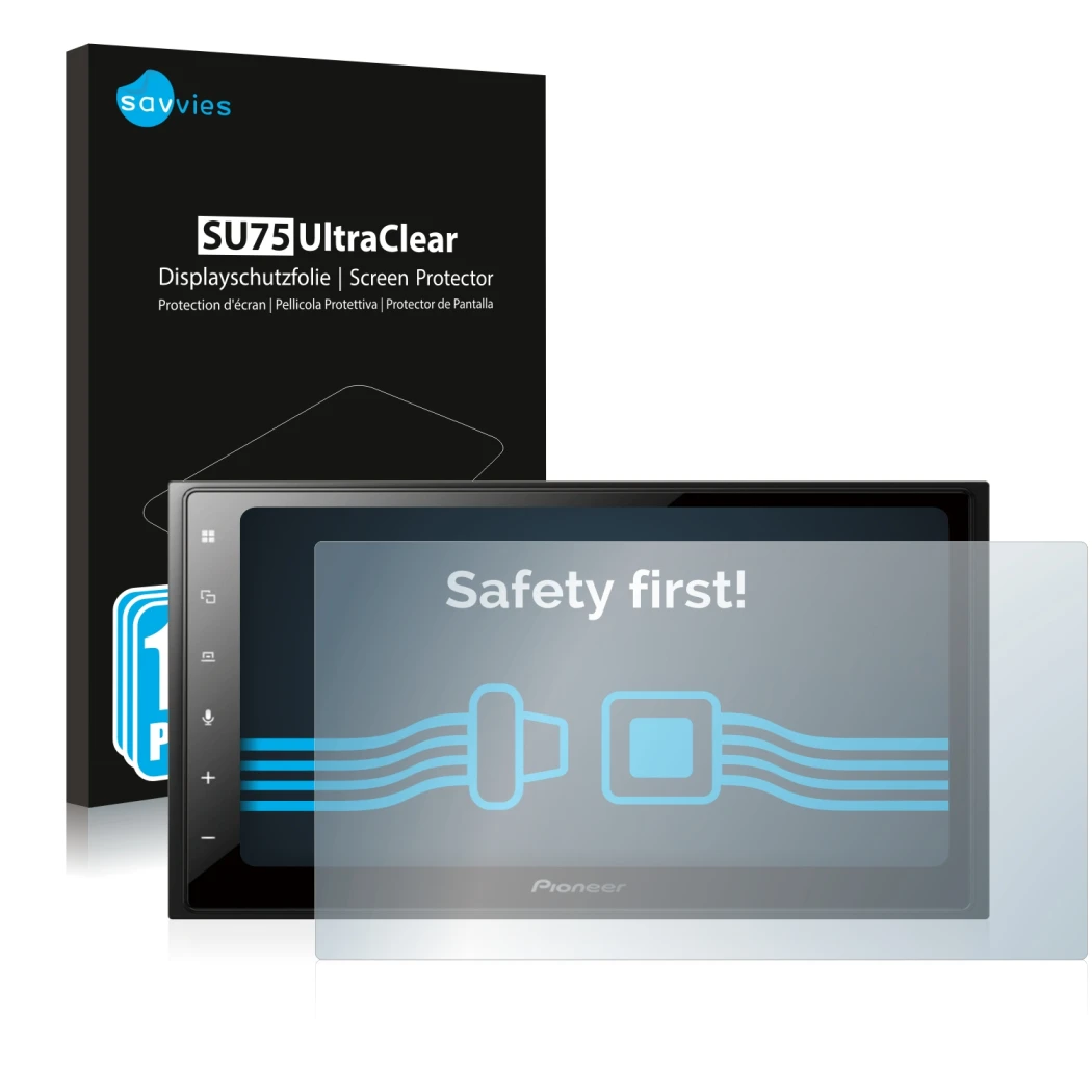 Face avant d’un emballage produit avec le logo de la marque Savvies. À côté, l’appareil Pioneer SPH-DA250DAB est représenté av