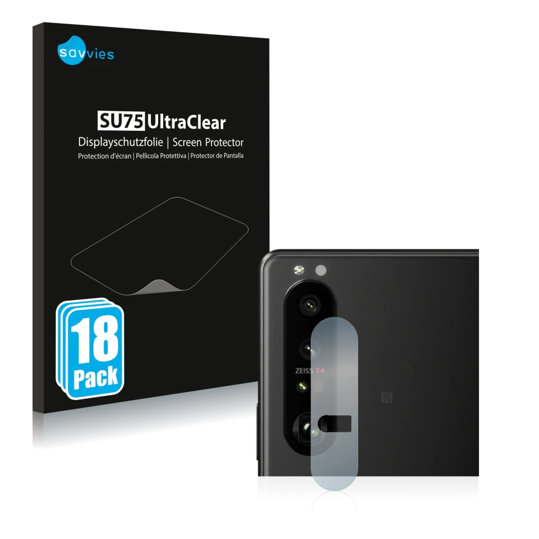 Face avant d’un emballage produit avec le logo de la marque Savvies. À côté, l’appareil Sony Xperia 1 III (Caméra UNIQUEMENT) 