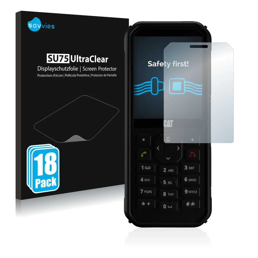 Face avant d’un emballage produit avec le logo de la marque Savvies. À côté, l’appareil Caterpillar Cat B40 est représenté ave