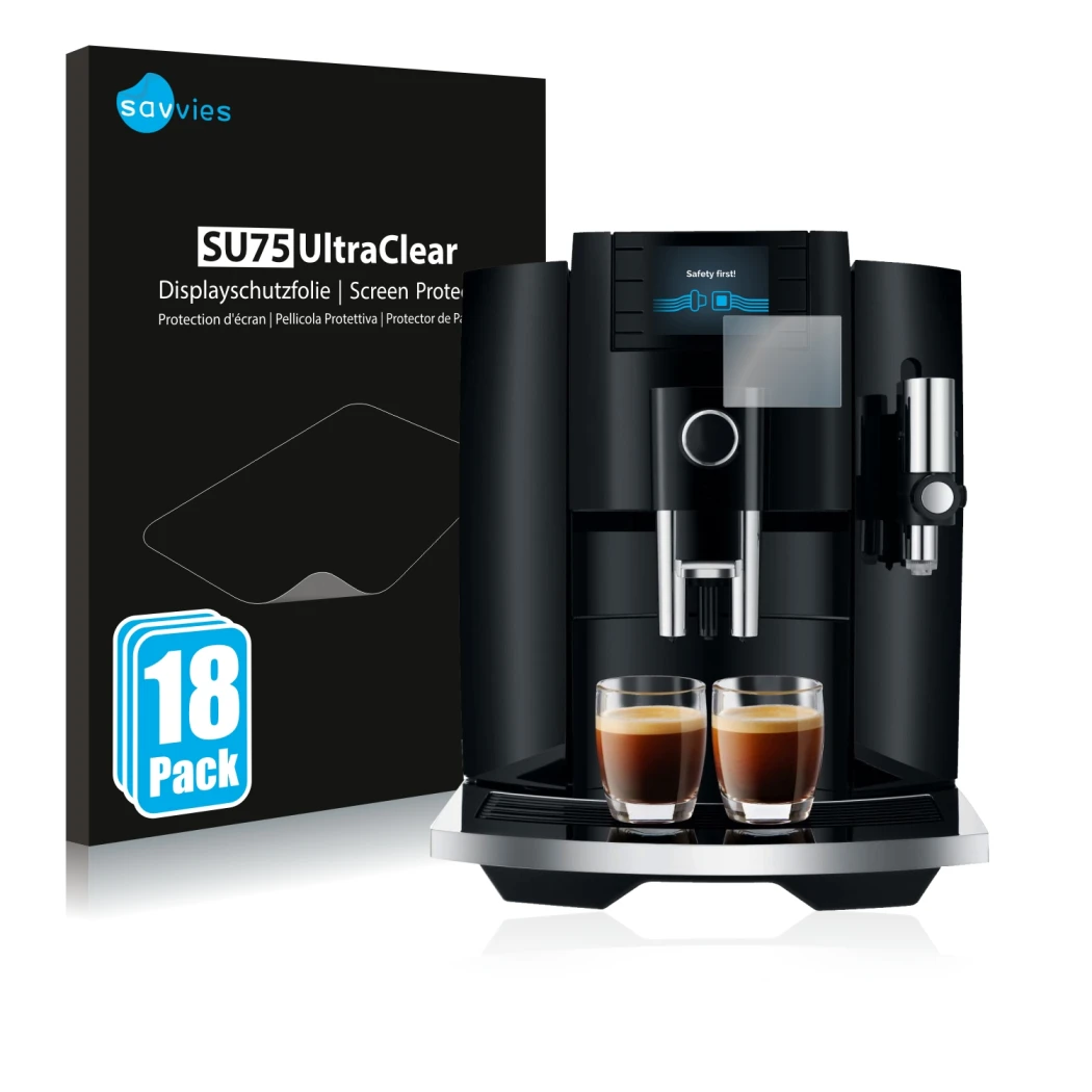 Face avant d’un emballage produit avec le logo de la marque Savvies. À côté, l’appareil Jura E8 (EB) est représenté avec la pr