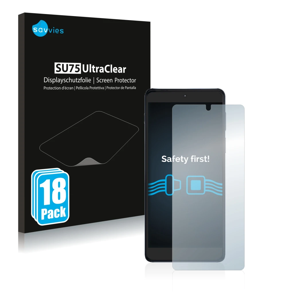 Face avant d’un emballage produit avec le logo de la marque Savvies. À côté, l’appareil Motorola Edge 20 Pro est représenté av