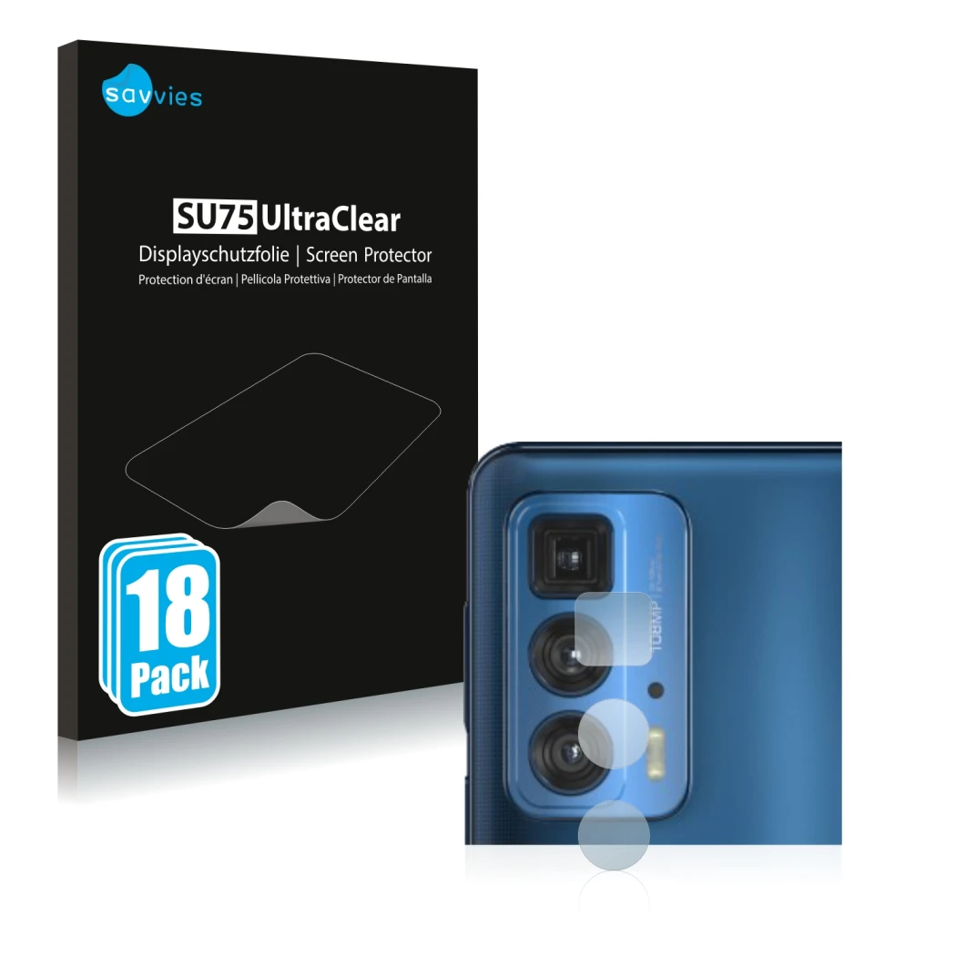 Face avant d’un emballage produit avec le logo de la marque Savvies. À côté, l’appareil Motorola Edge 20 Pro (Caméra UNIQUEMEN