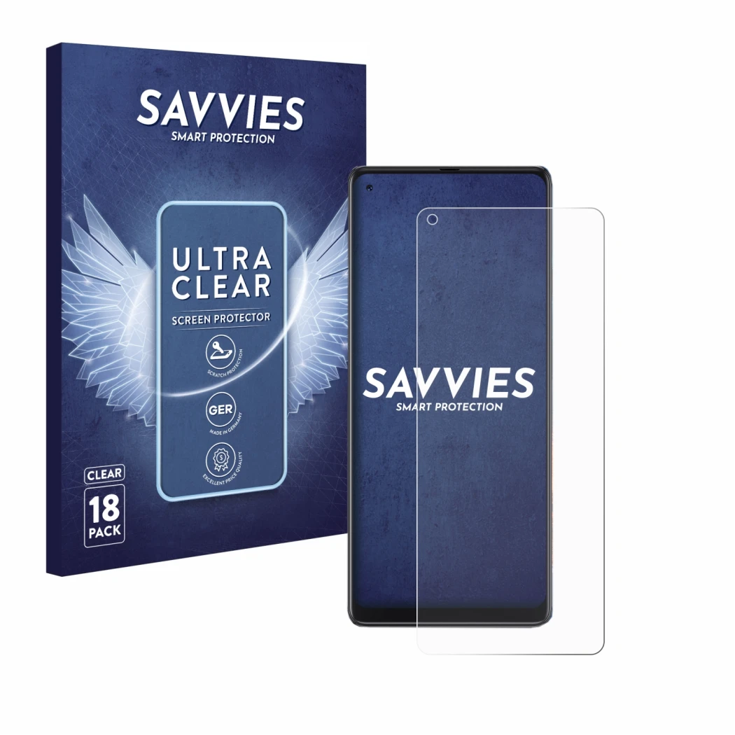 Face avant d’un emballage produit avec le logo de la marque Savvies. À côté, l’appareil Cubot Max 3 est représenté avec la pro