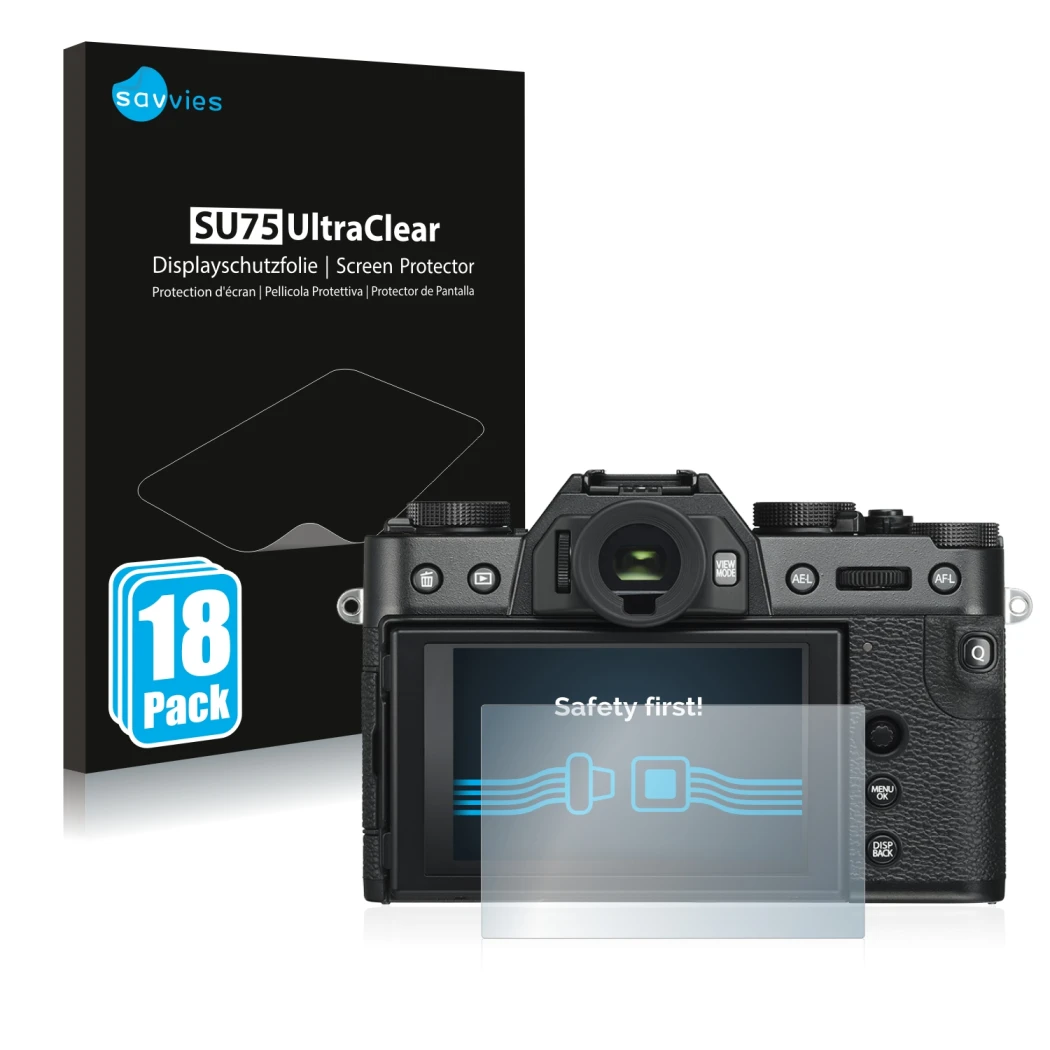 Face avant d’un emballage produit avec le logo de la marque Savvies. À côté, l’appareil Fujifilm X-T30 ll est représenté avec 