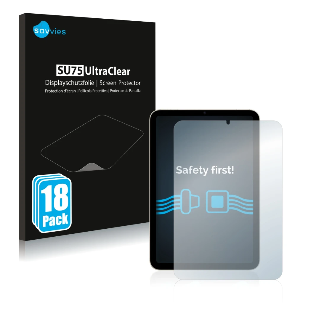 Face avant d’un emballage produit avec le logo de la marque Savvies. À côté, l’appareil Apple iPad Mini 6 2021 est représenté 