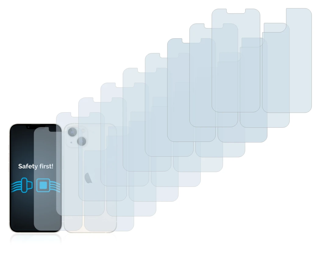 Image de l'appareil Apple iPhone 13 (Avant+Arrière) avec une grande variété de protections d'écran.
