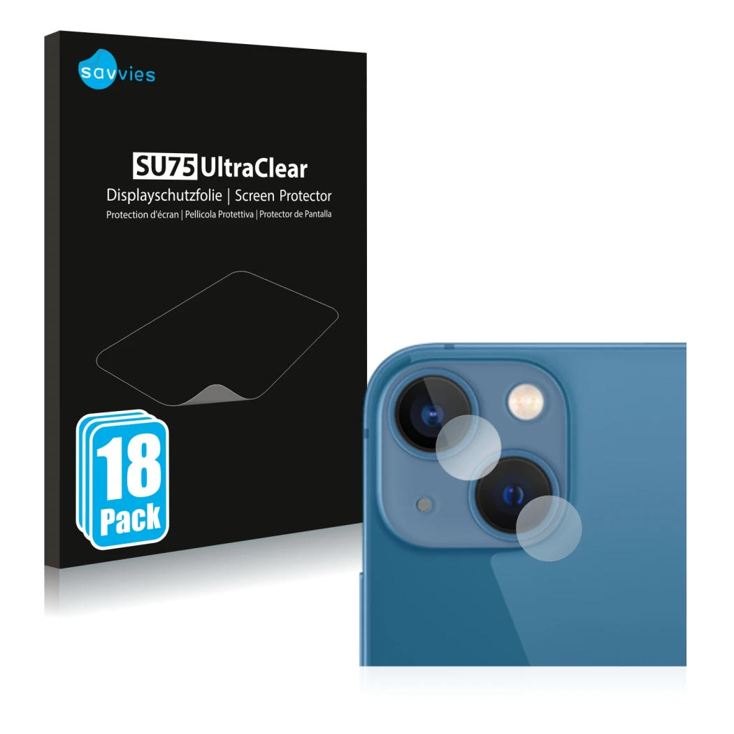 Face avant d’un emballage produit avec le logo de la marque Savvies. À côté, l’appareil Apple iPhone 13 mini (Caméra UNIQUEMEN