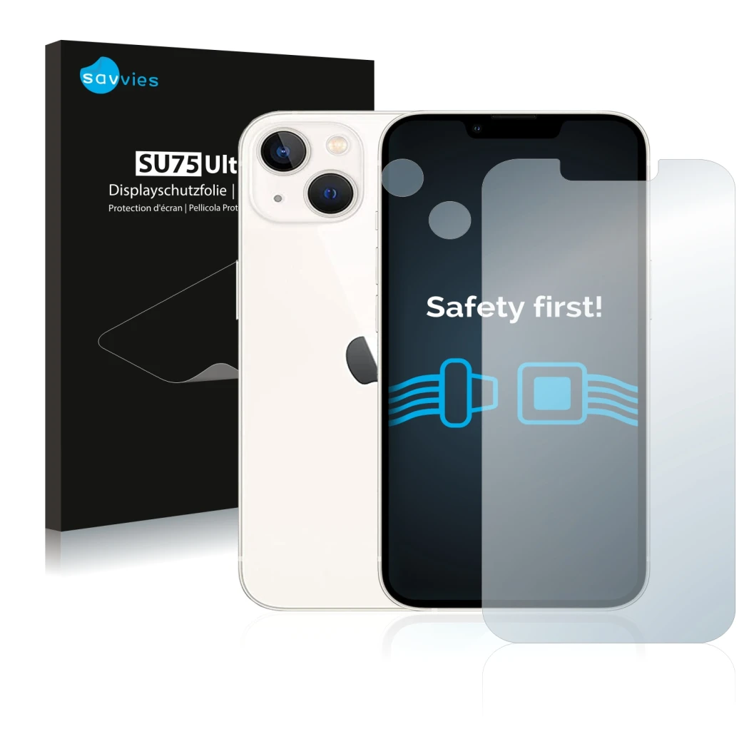 Face avant d’un emballage produit avec le logo de la marque Savvies. À côté, l’appareil Apple iPhone 13 (Avant+Caméra) est rep