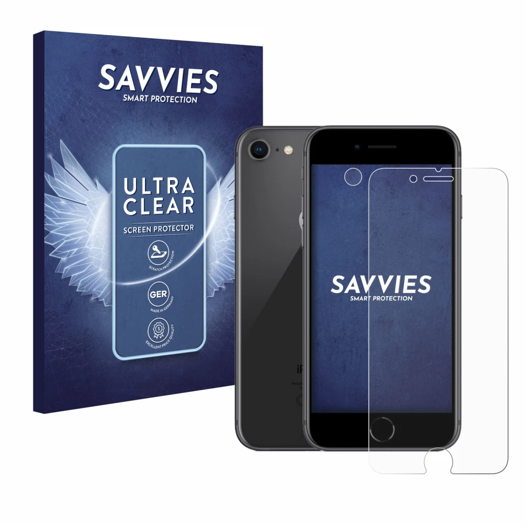 Face avant d’un emballage produit avec le logo de la marque Savvies. À côté, l’appareil Apple iPhone 8 (Avant+Caméra) est repr