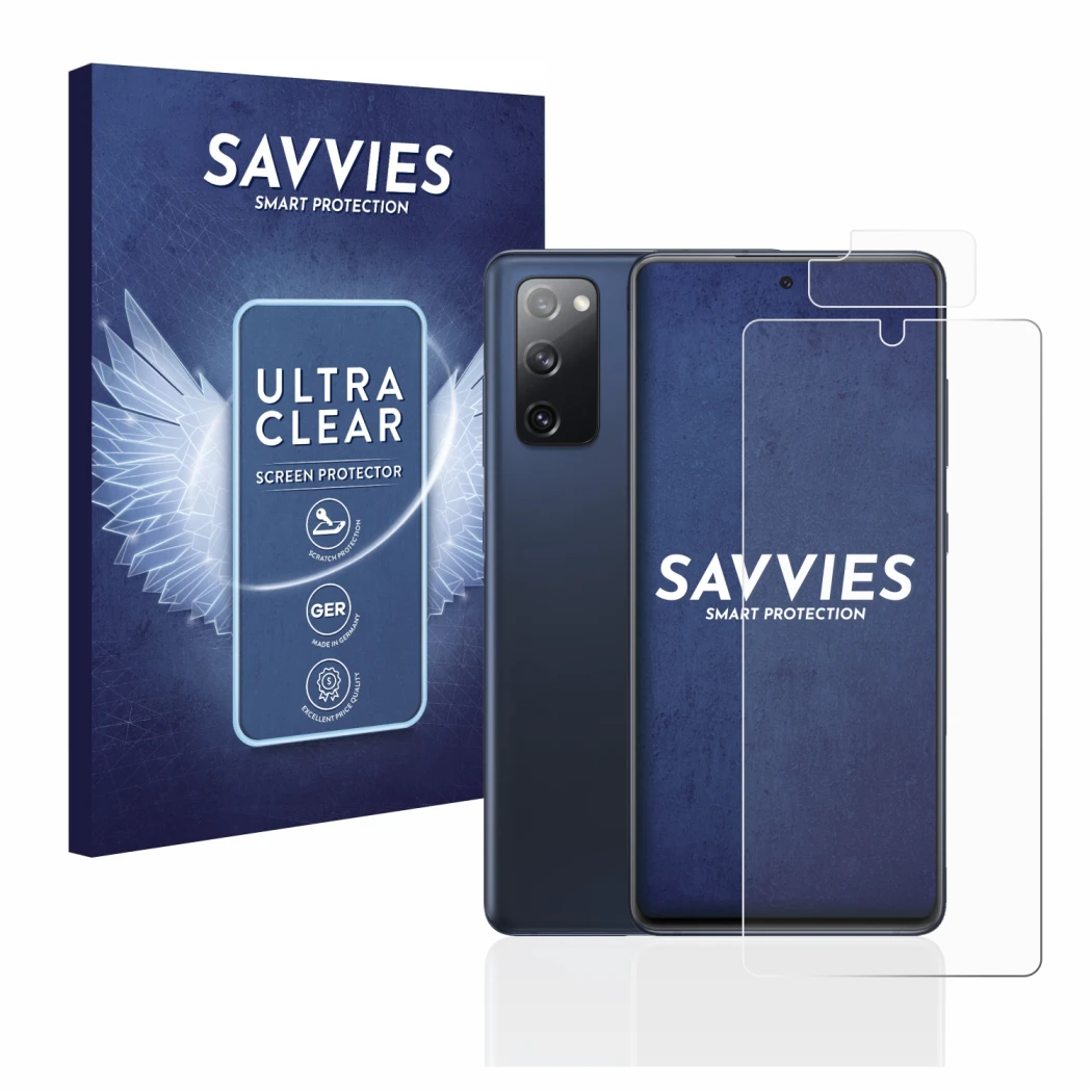 Face avant d’un emballage produit avec le logo de la marque Savvies. À côté, l’appareil Samsung Galaxy S20 FE (Avant+Caméra) e