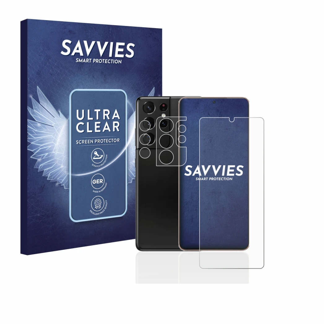 Face avant d’un emballage produit avec le logo de la marque Savvies. À côté, l’appareil Samsung Galaxy S21 Ultra 5G (Avant+Cam