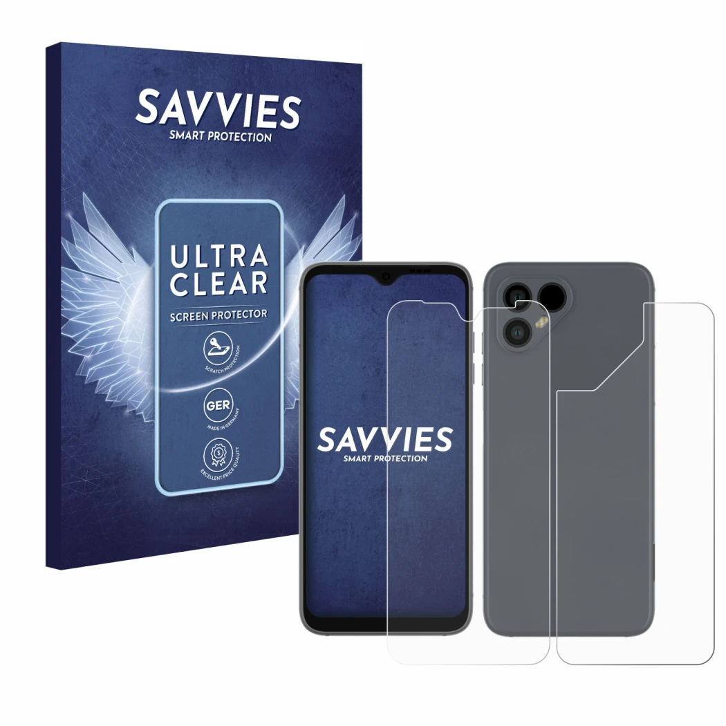 Face avant d’un emballage produit avec le logo de la marque Savvies. À côté, l’appareil Fairphone 4 (Avant+Arrière) est représ