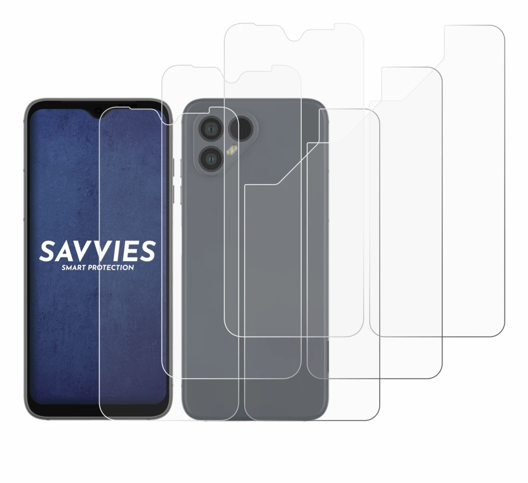 Image de l'appareil Fairphone 4 (Avant+Arrière) avec une grande variété de protections d'écran.