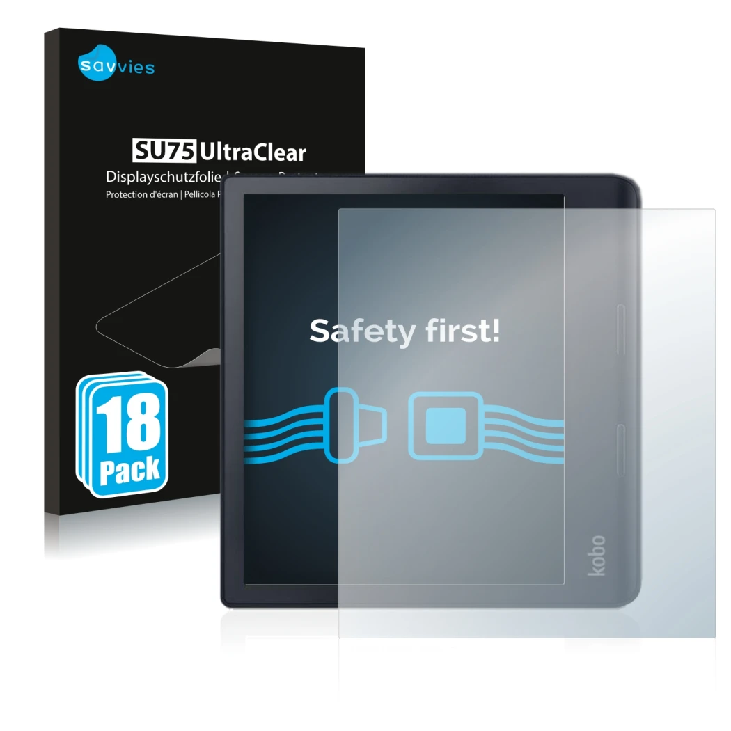 Face avant d’un emballage produit avec le logo de la marque Savvies. À côté, l’appareil Kobo Sage est représenté avec la prote