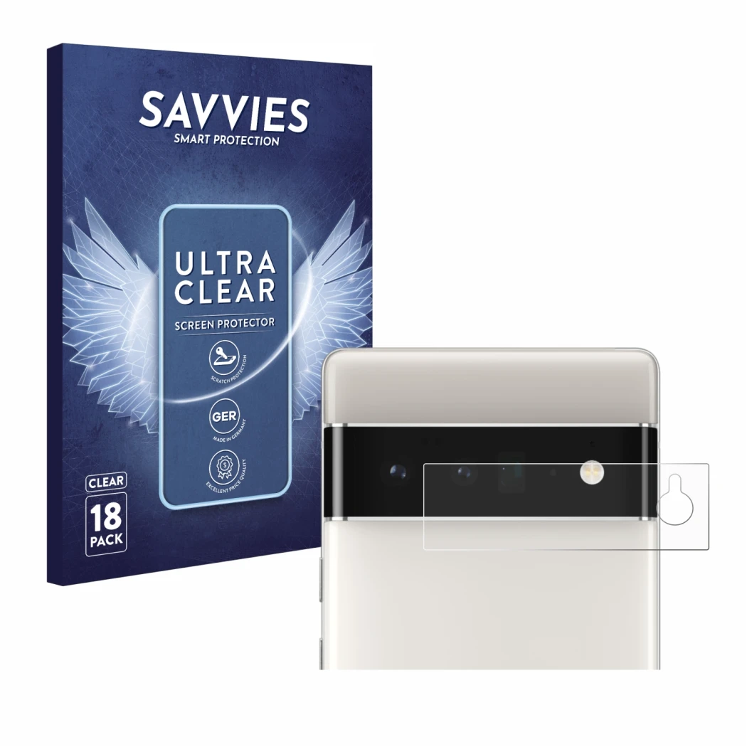 Face avant d’un emballage produit avec le logo de la marque Savvies. À côté, l’appareil Google Pixel 6 Pro (Caméra UNIQUEMENT)