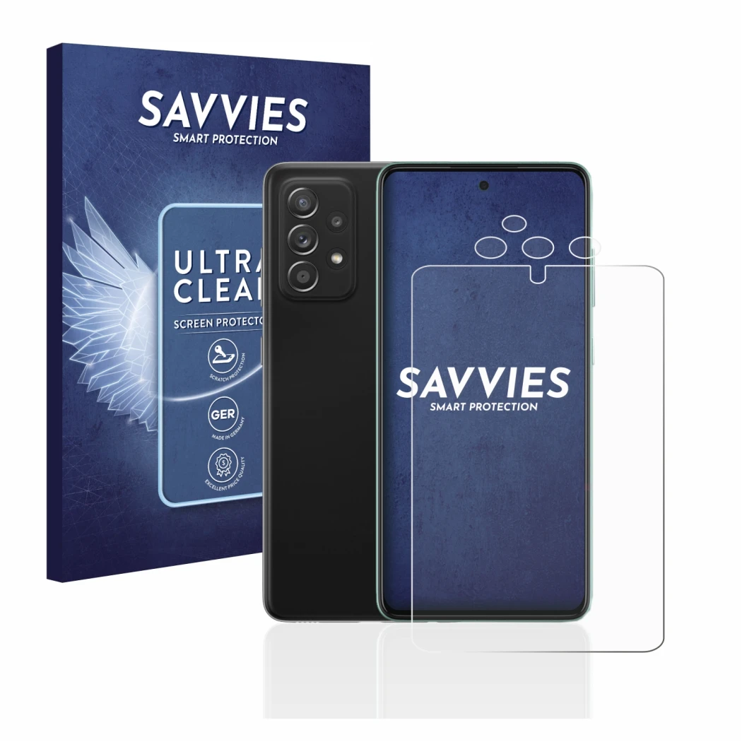 Face avant d’un emballage produit avec le logo de la marque Savvies. À côté, l’appareil Samsung Galaxy A52s 5G (Avant+Caméra) 