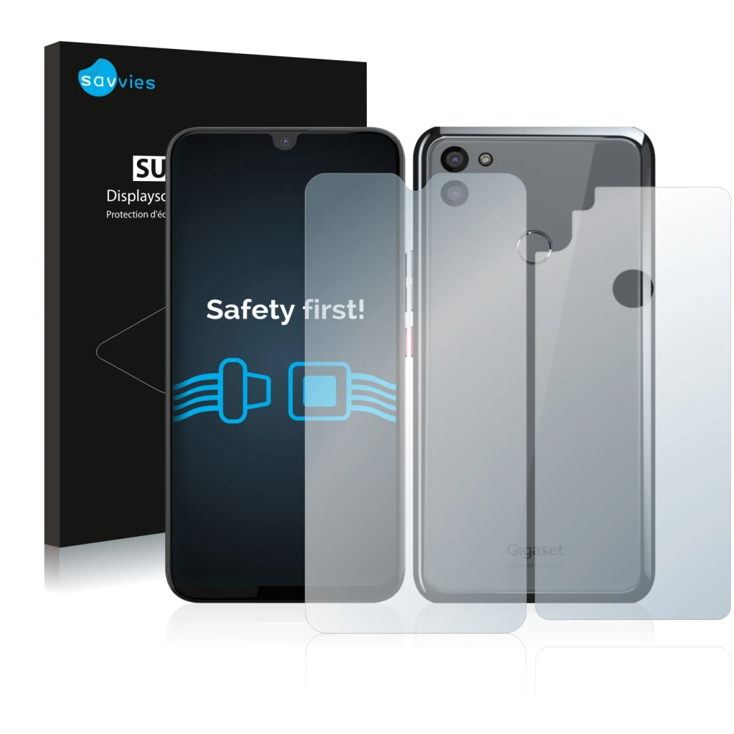 Face avant d’un emballage produit avec le logo de la marque Savvies. À côté, l’appareil Gigaset GS5 (Avant+Arrière) est représ