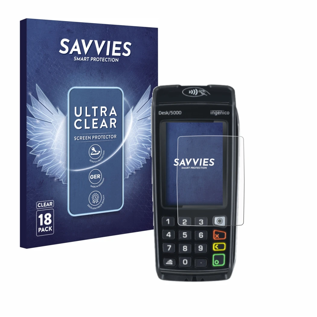 Face avant d’un emballage produit avec le logo de la marque Savvies. À côté, l’appareil ingenico Desk/5000 est représenté avec