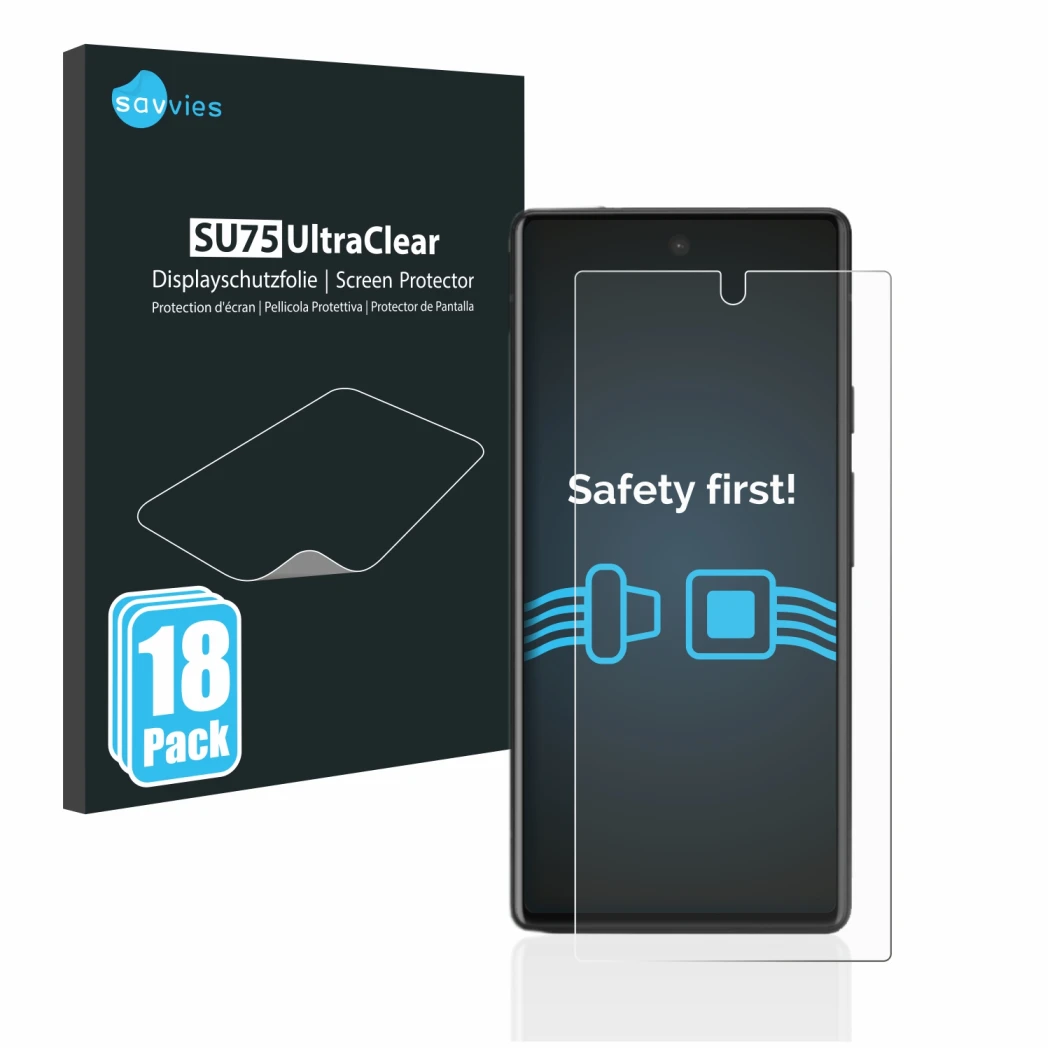 Face avant d’un emballage produit avec le logo de la marque Savvies. À côté, l’appareil Google Pixel 6a est représenté avec la