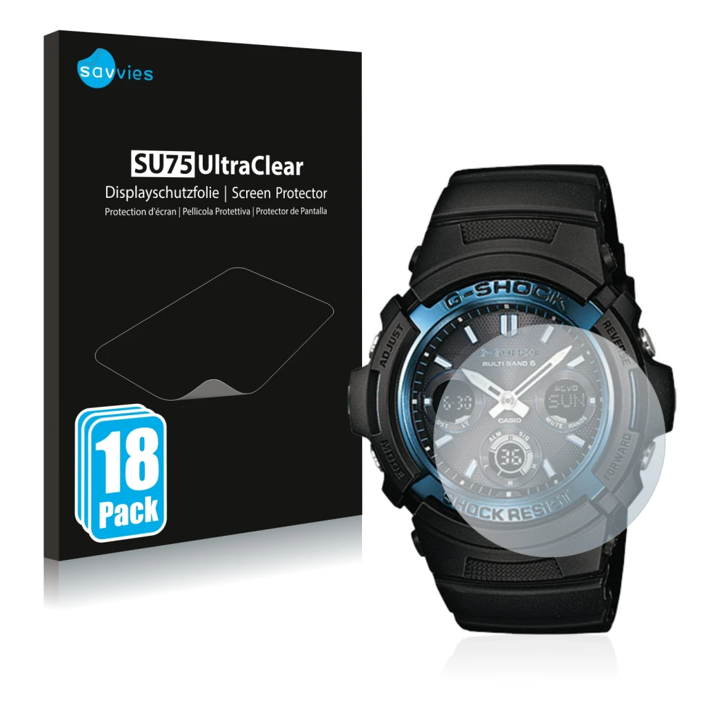 Face avant d’un emballage produit avec le logo de la marque Savvies. À côté, l’appareil Casio AWG M100 est représenté avec la 