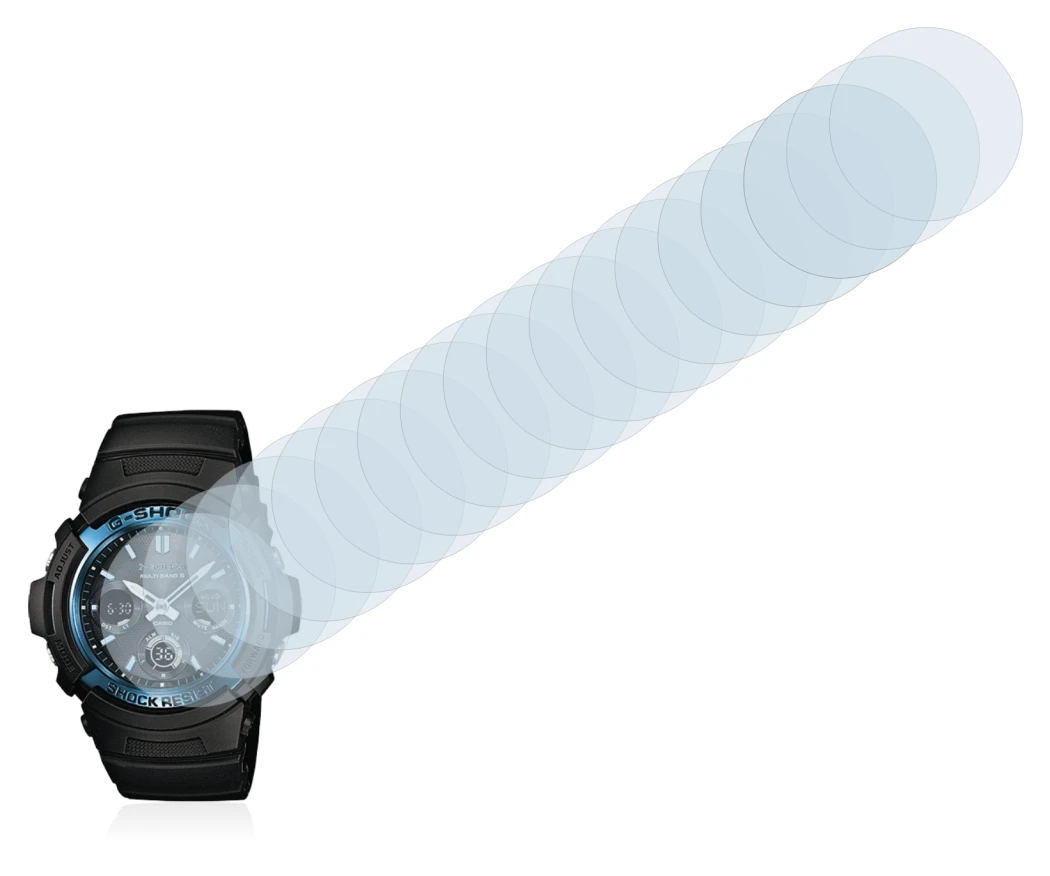 Image de l'appareil Casio AWG M100 avec une grande variété de protections d'écran.
