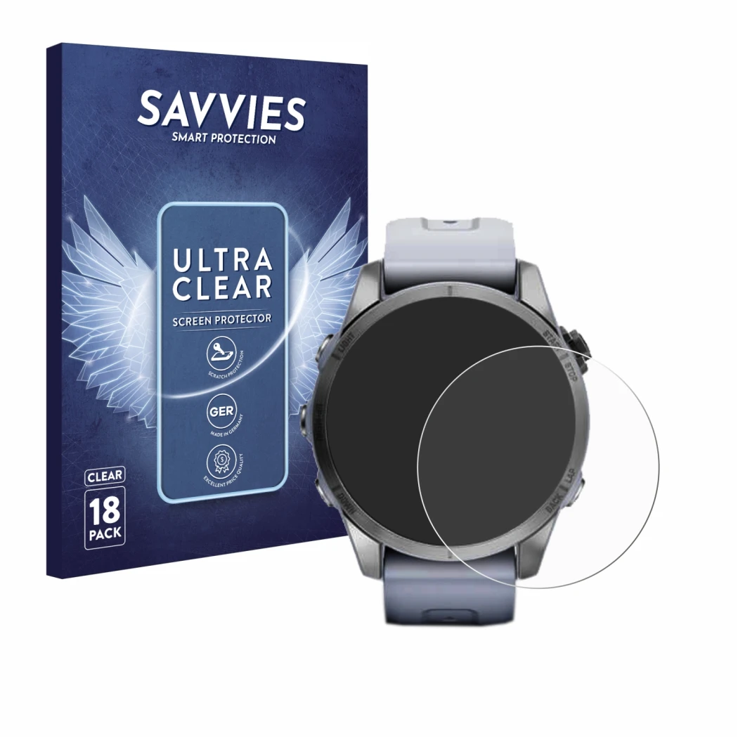 Face avant d’un emballage produit avec le logo de la marque Savvies. À côté, l’appareil Garmin Fenix 7S (42 mm) est représenté