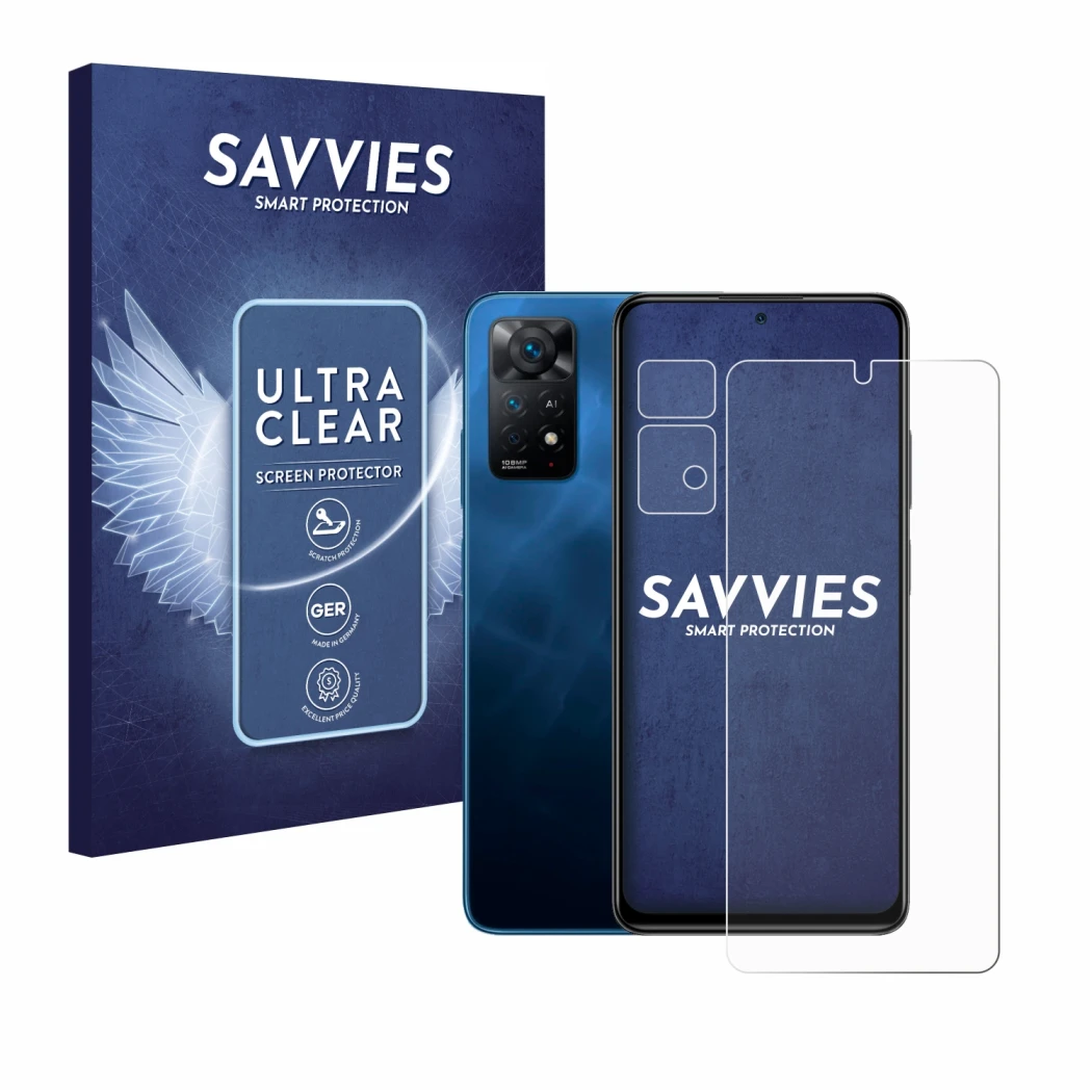 Face avant d’un emballage produit avec le logo de la marque Savvies. À côté, l’appareil Xiaomi Redmi Note 11 Pro 5G (Avant+Cam