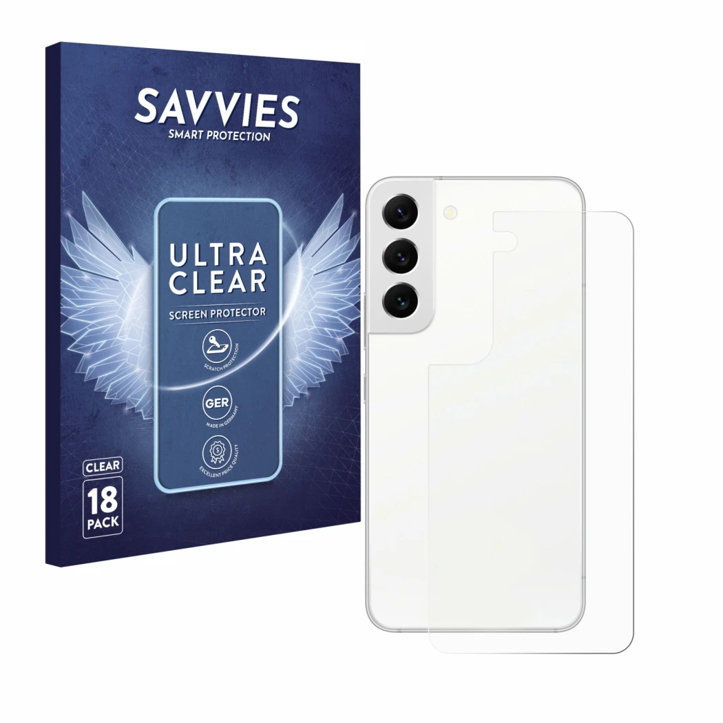 Face avant d’un emballage produit avec le logo de la marque Savvies. À côté, l’appareil Samsung Galaxy S22 5G (Arrière) est re