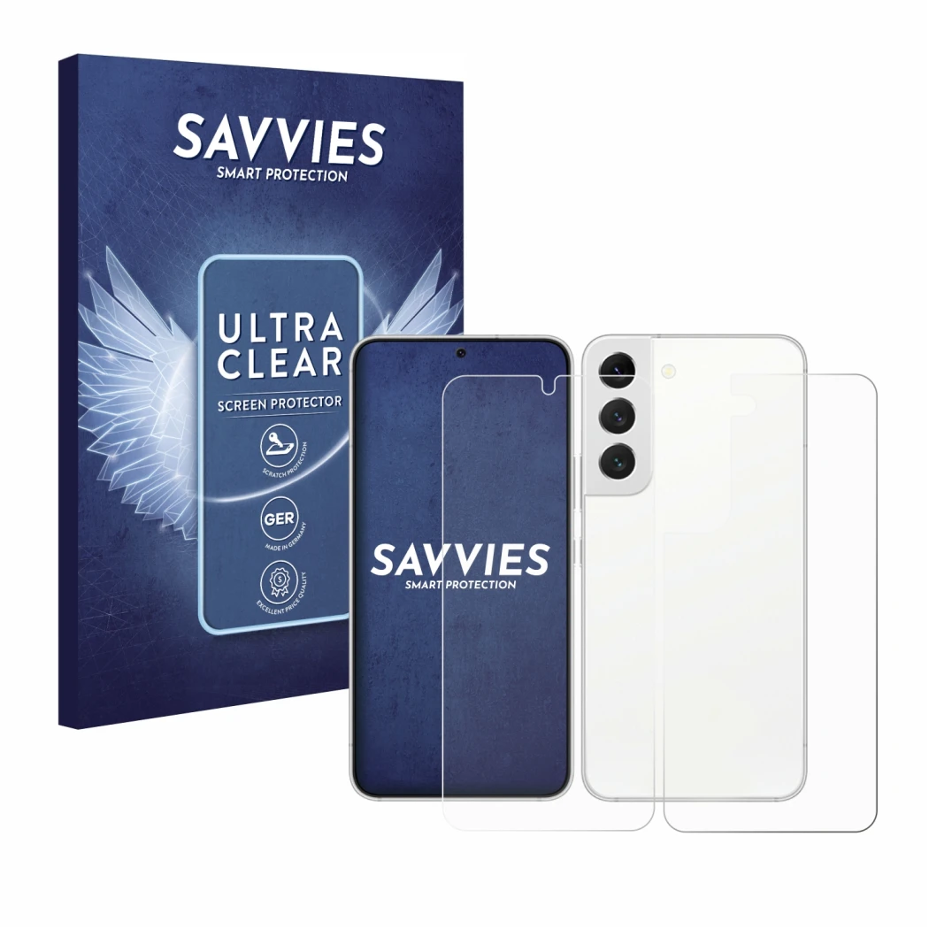 Face avant d’un emballage produit avec le logo de la marque Savvies. À côté, l’appareil Samsung Galaxy S22 5G (Avant+Arrière) 