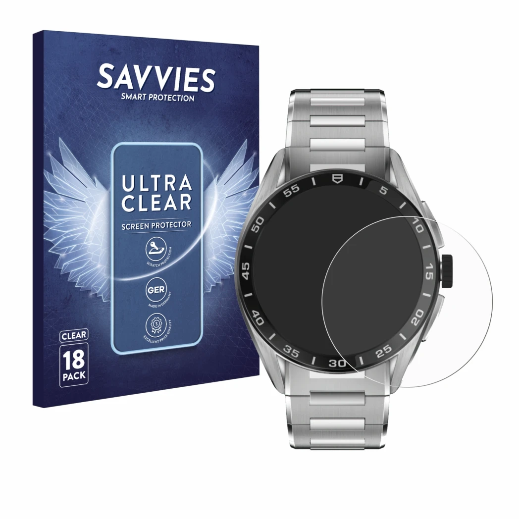 Face avant d’un emballage produit avec le logo de la marque Savvies. À côté, l’appareil TAG Heuer Connected Calibre E4 (45 mm)