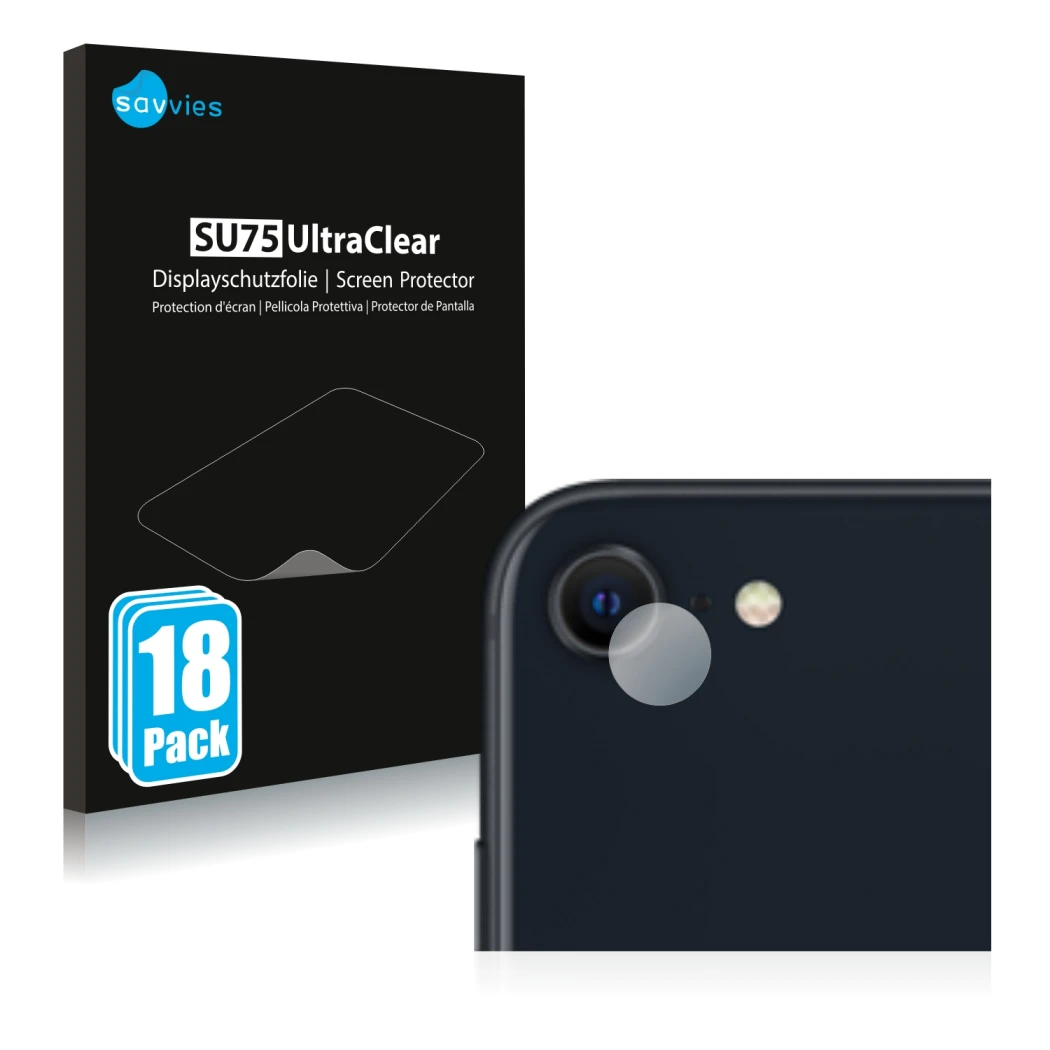 Face avant d’un emballage produit avec le logo de la marque Savvies. À côté, l’appareil Apple iPhone SE 3 2022 (Caméra UNIQUEM