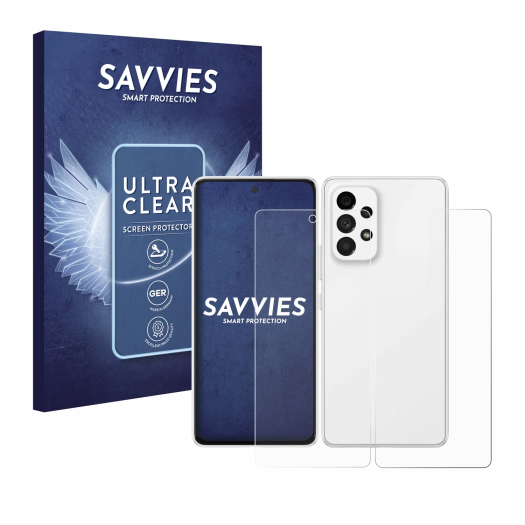 Face avant d’un emballage produit avec le logo de la marque Savvies. À côté, l’appareil Samsung Galaxy A53 5G (Avant+Arrière) 