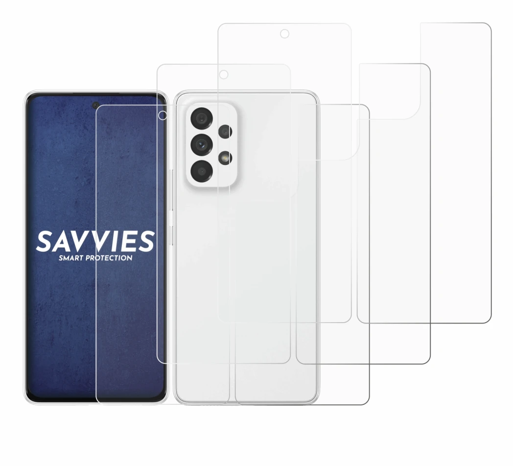 Image de l'appareil Samsung Galaxy A53 5G (Avant+Arrière) avec une grande variété de protections d'écran.