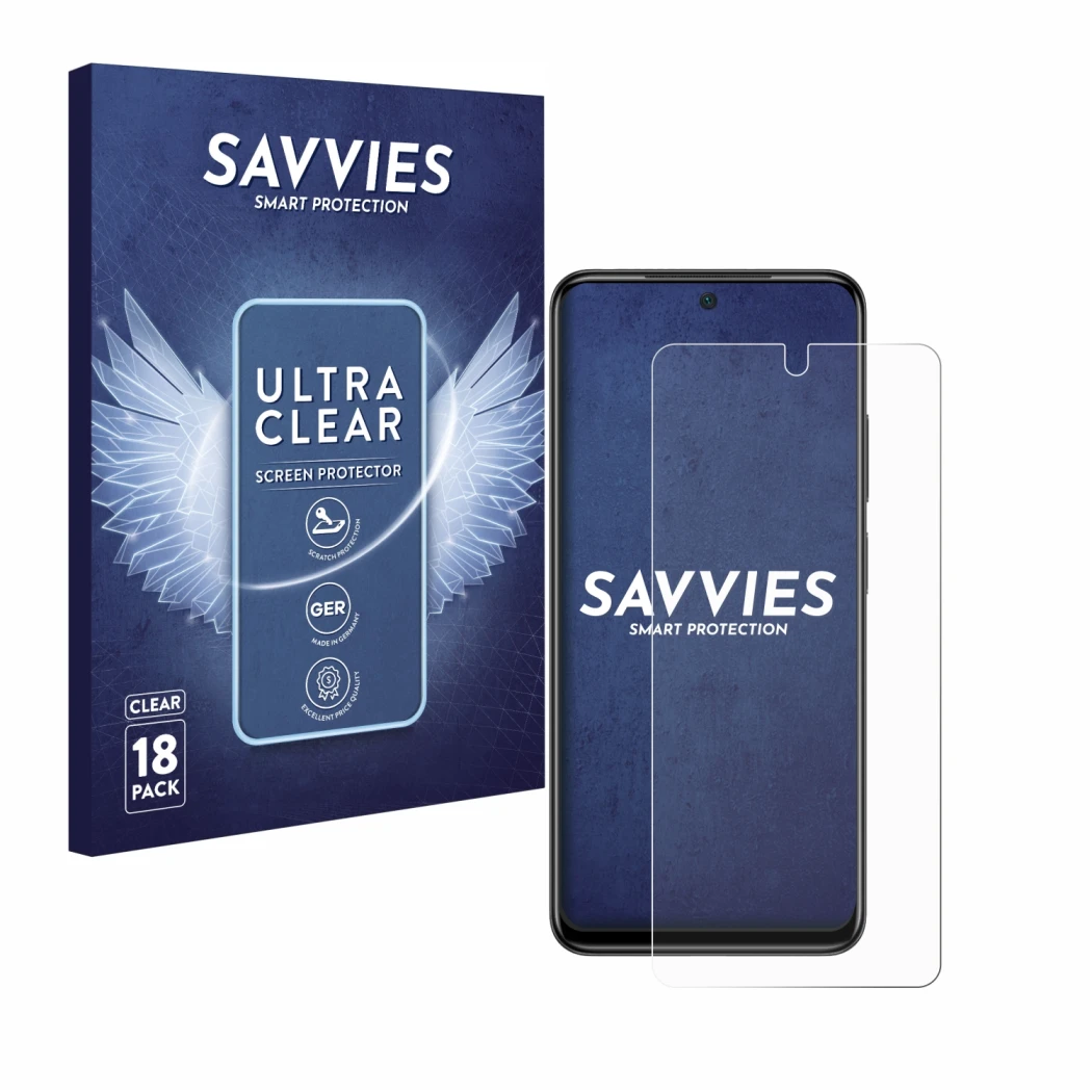 Face avant d’un emballage produit avec le logo de la marque Savvies. À côté, l’appareil Xiaomi Poco M4 Pro est représenté avec