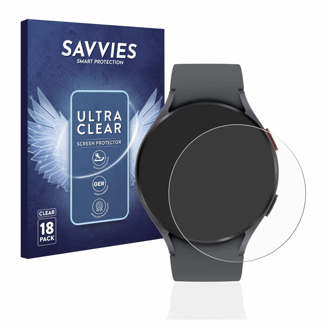 Face avant d’un emballage produit avec le logo de la marque Savvies. À côté, l’appareil Samsung Galaxy Watch 5 (44mm) est repr