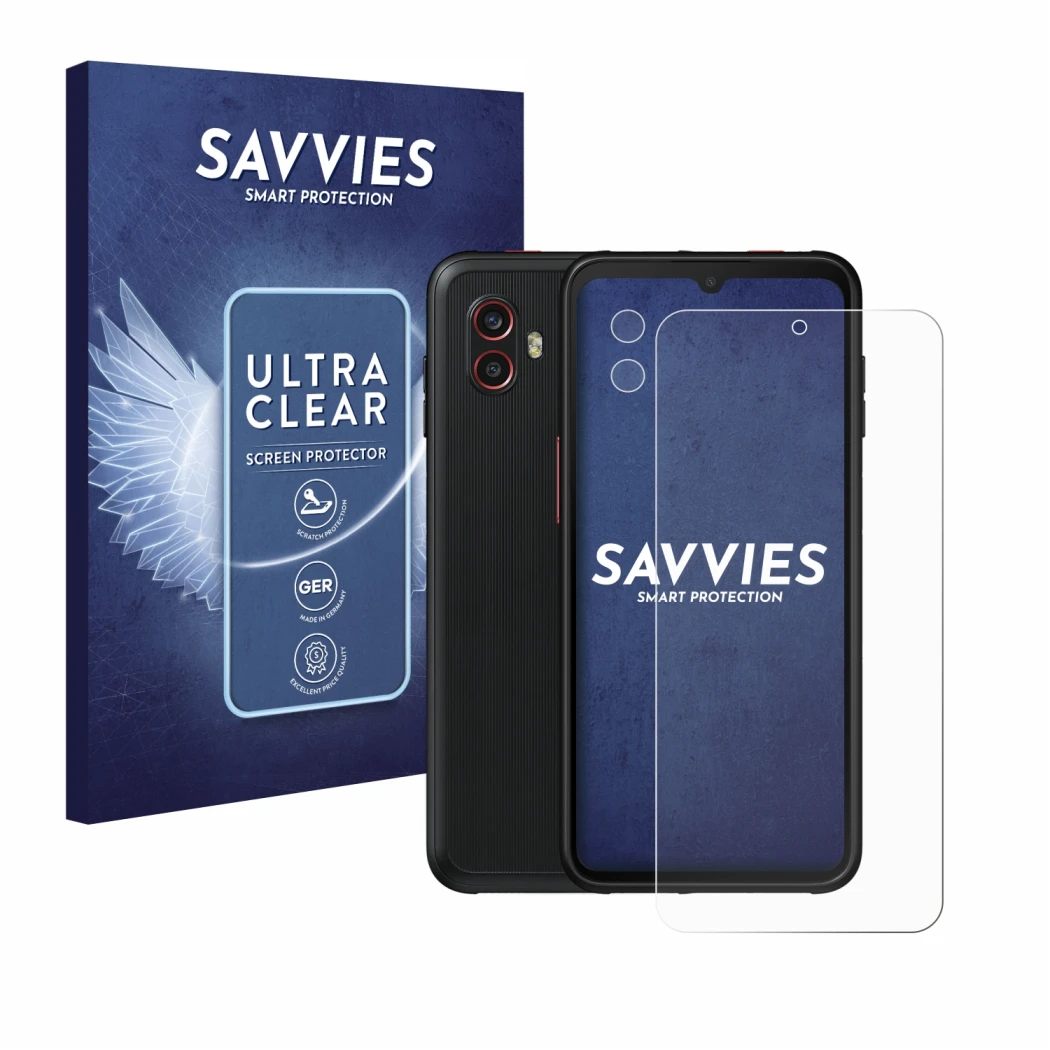 Face avant d’un emballage produit avec le logo de la marque Savvies. À côté, l’appareil Samsung Galaxy Xcover 6 Pro (Avant+Cam