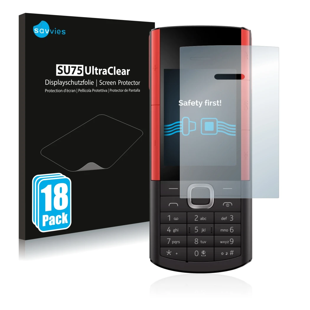 Face avant d’un emballage produit avec le logo de la marque Savvies. À côté, l’appareil Nokia 5710 XA est représenté avec la p