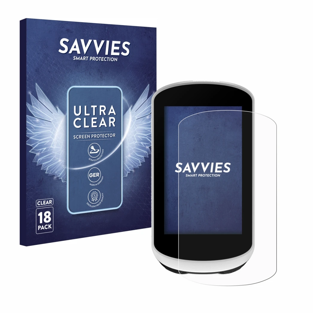 Face avant d’un emballage produit avec le logo de la marque Savvies. À côté, l’appareil Garmin Edge Explore 2 est représenté a
