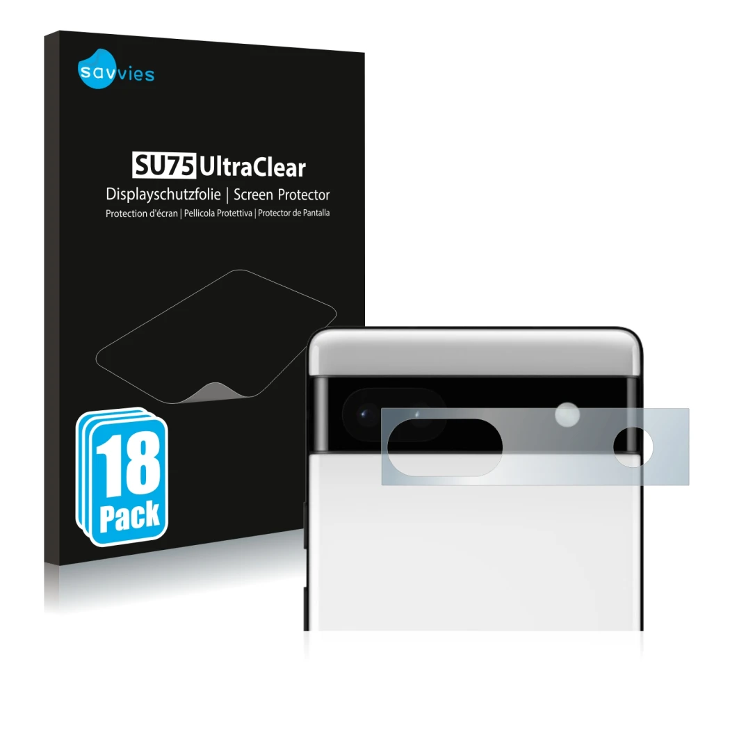 Face avant d’un emballage produit avec le logo de la marque Savvies. À côté, l’appareil Google Pixel 6a (Caméra UNIQUEMENT) es