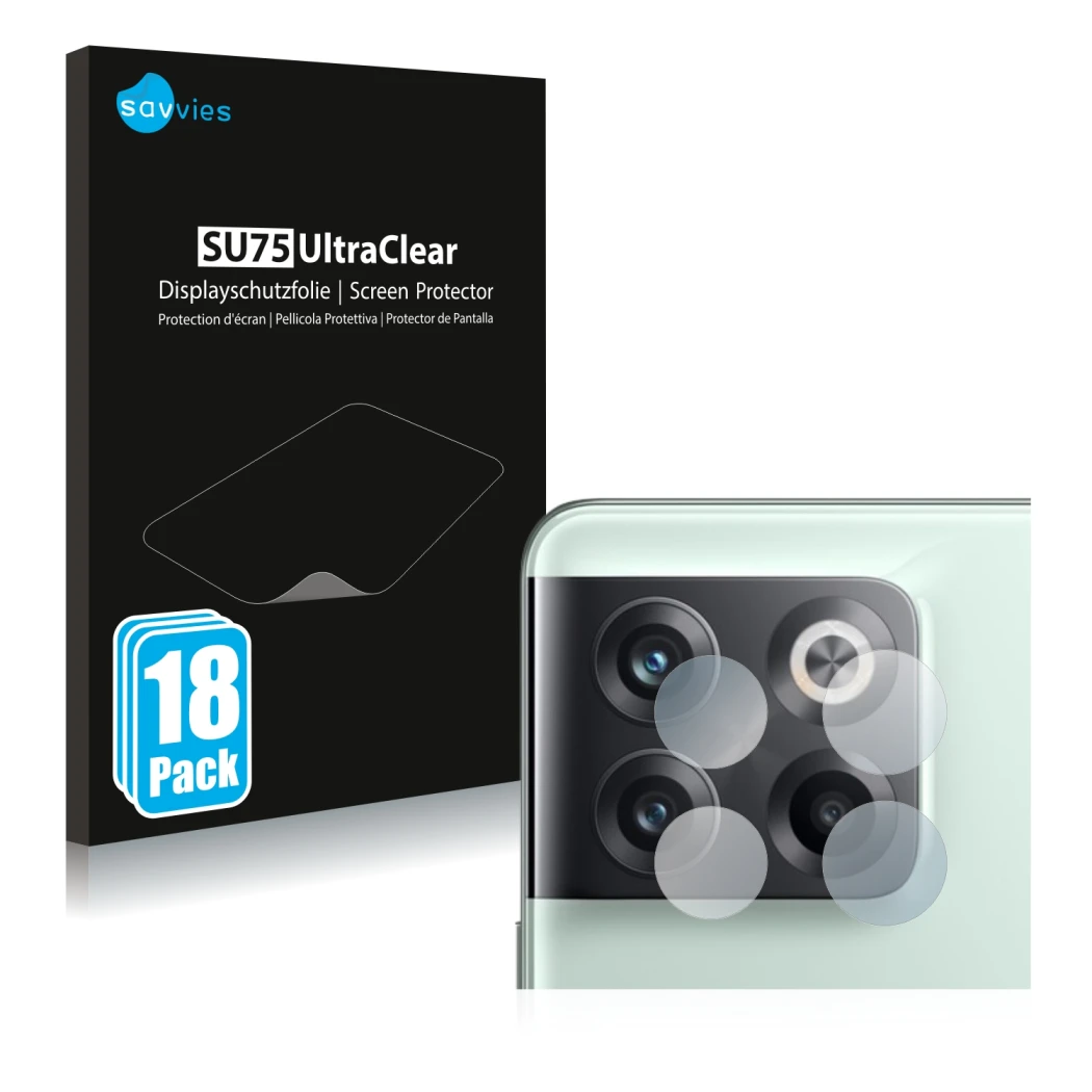 Face avant d’un emballage produit avec le logo de la marque Savvies. À côté, l’appareil OnePlus 10T 5G (Caméra UNIQUEMENT) est