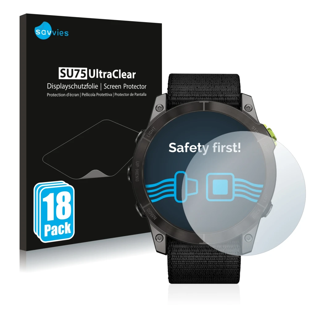 Face avant d’un emballage produit avec le logo de la marque Savvies. À côté, l’appareil Garmin Enduro 2 est représenté avec la