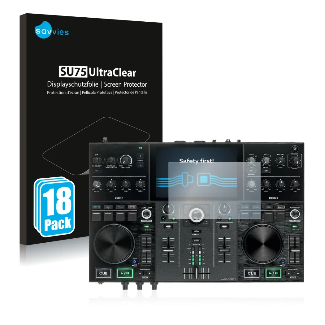 Face avant d’un emballage produit avec le logo de la marque Savvies. À côté, l’appareil Denon DJ Prime Go est représenté avec 