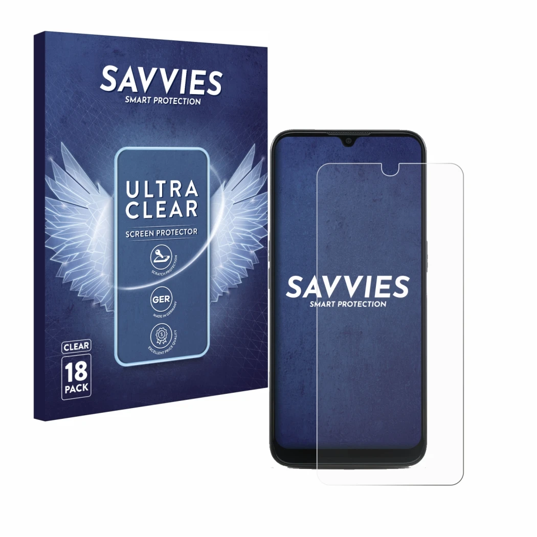 Face avant d’un emballage produit avec le logo de la marque Savvies. À côté, l’appareil Doro 8100 est représenté avec la prote