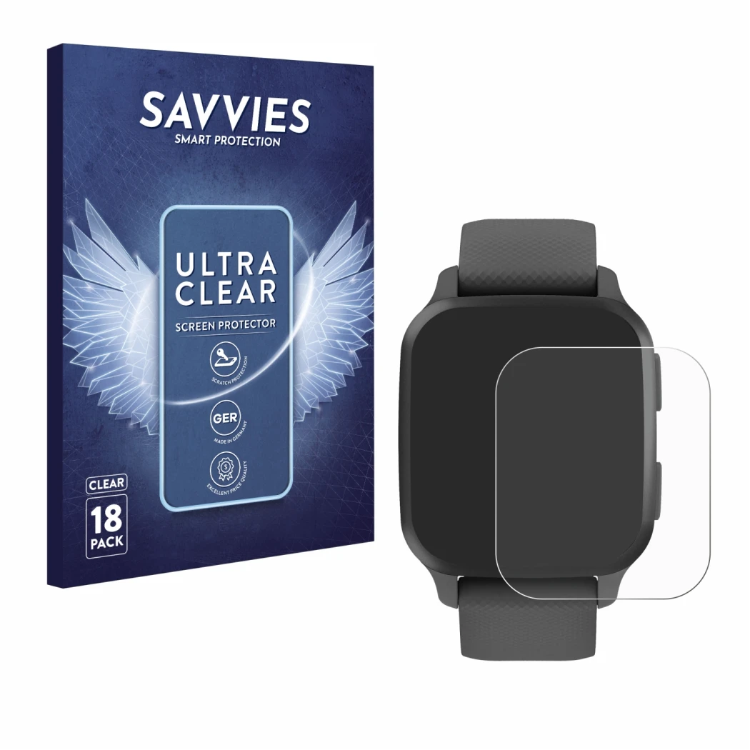 Face avant d’un emballage produit avec le logo de la marque Savvies. À côté, l’appareil Garmin Venu Sq 2 est représenté avec l