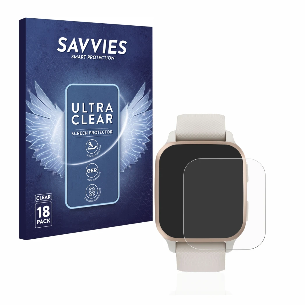 Face avant d’un emballage produit avec le logo de la marque Savvies. À côté, l’appareil Garmin Venu Sq 2 Music est représenté 