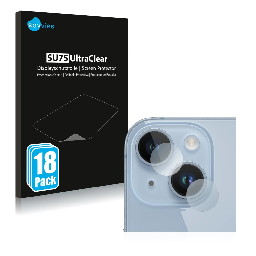 Face avant d’un emballage produit avec le logo de la marque Savvies. À côté, l’appareil Apple iPhone 14 (Caméra UNIQUEMENT) es