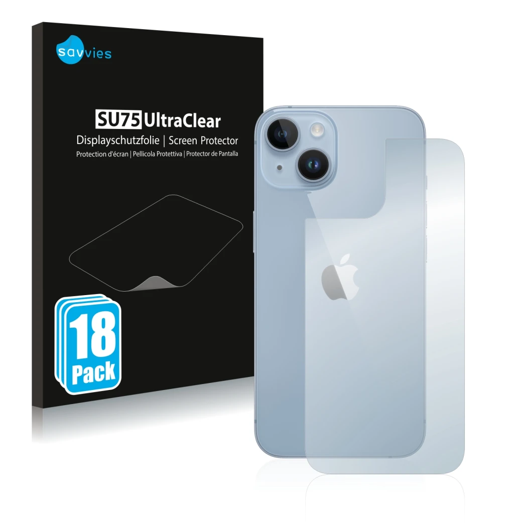 Face avant d’un emballage produit avec le logo de la marque Savvies. À côté, l’appareil Apple iPhone 14 (Arrière) est représen