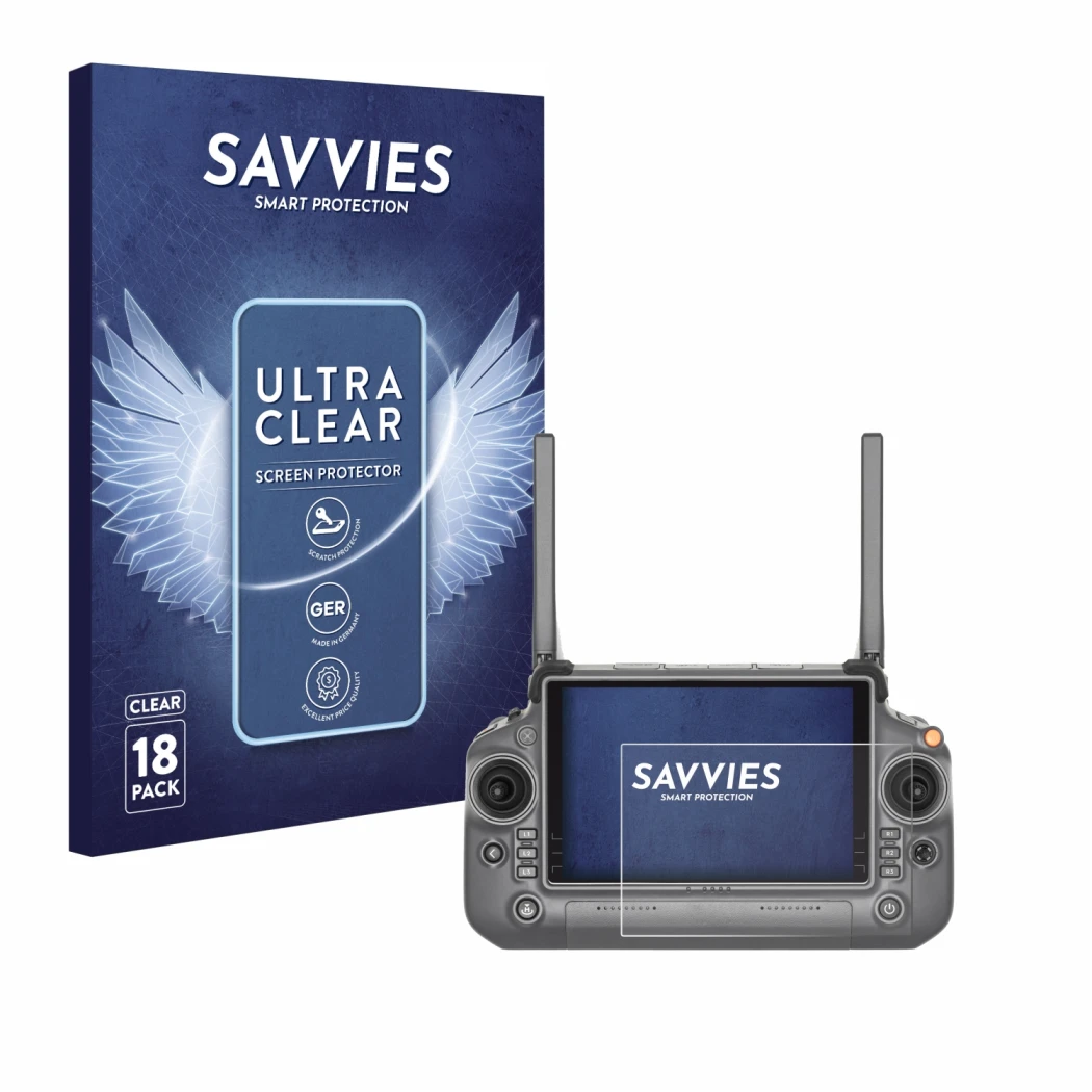 Face avant d’un emballage produit avec le logo de la marque Savvies. À côté, l’appareil DJI RC Plus est représenté avec la pro
