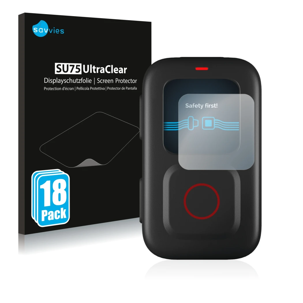 Face avant d’un emballage produit avec le logo de la marque Savvies. À côté, l’appareil GoPro Remote est représenté avec la pr