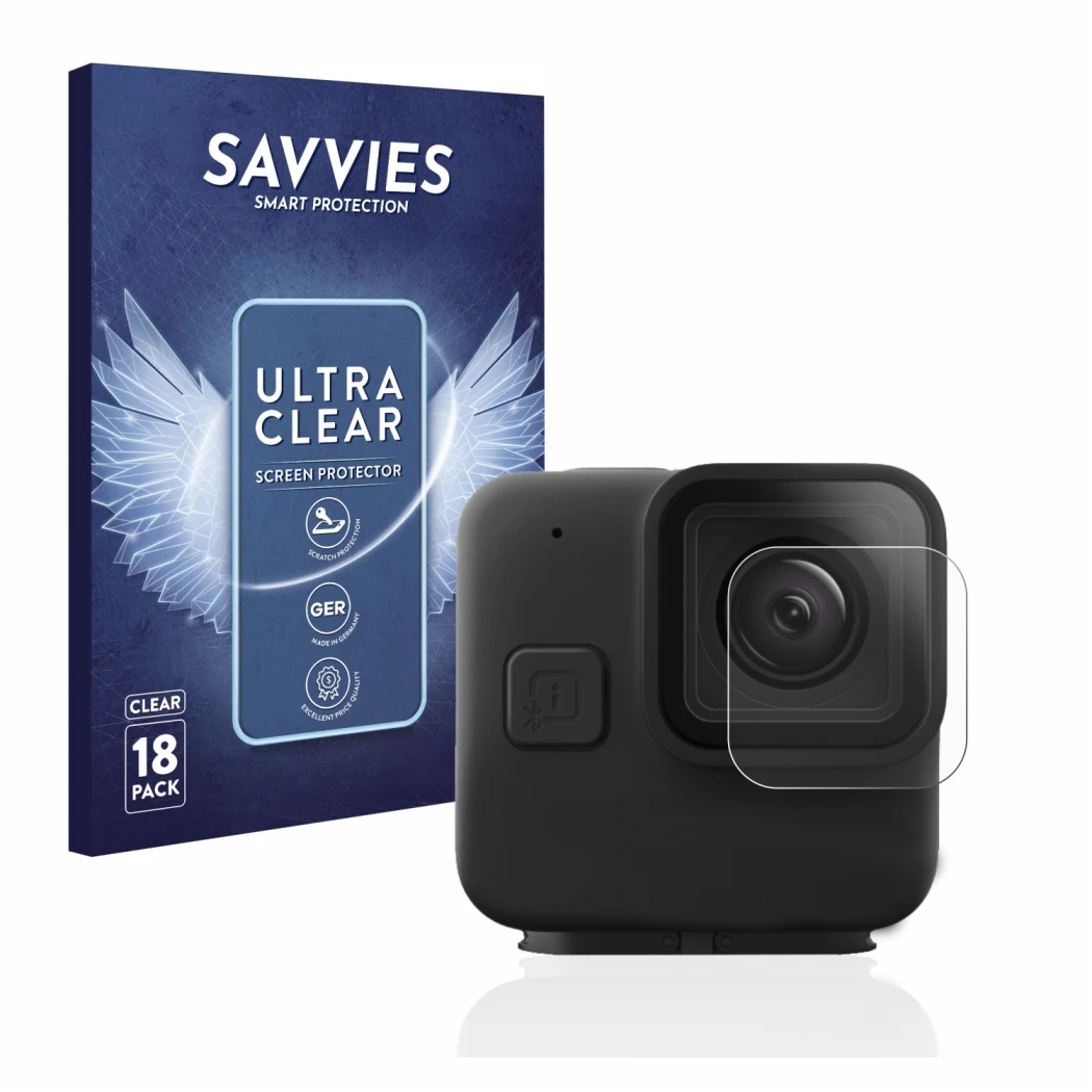 Face avant d’un emballage produit avec le logo de la marque Savvies. À côté, l’appareil GoPro Hero 11 mini Lentille (Caisse) e
